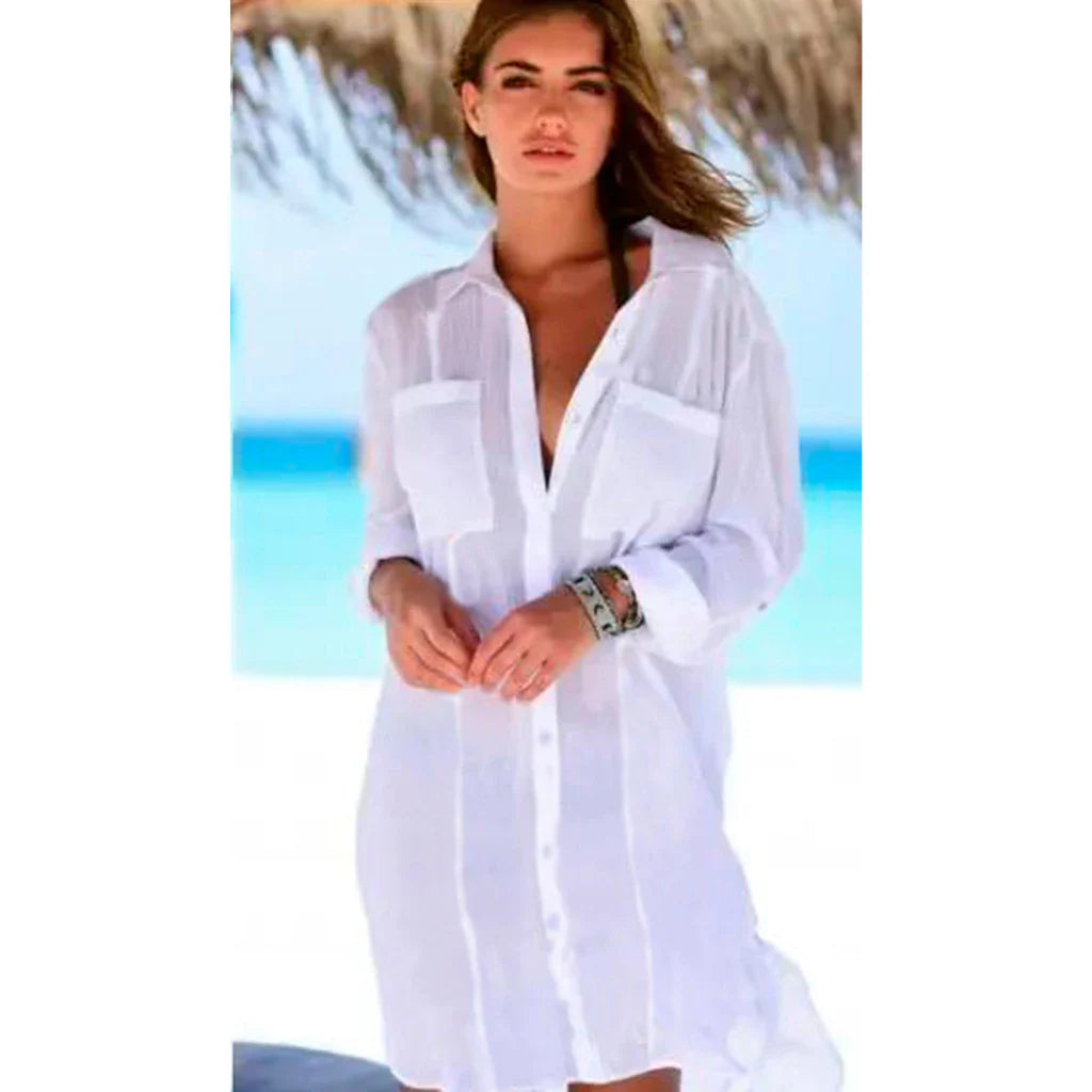 Saida de Praia Vestido Chemise Camisao - Premium Branco Manga Longa