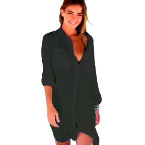 Saida de Praia Vestido Chemise Camisao - Premium Branco Manga Longa