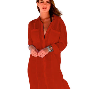 Saida de Praia Vestido Chemise Camisao - Premium Branco Manga Longa