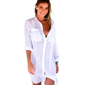 Saida de Praia Vestido Chemise Camisao - Premium Branco Manga Longa